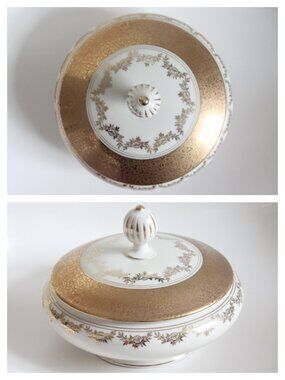 [ALKA KUNST] Floral "Marion" Pattern Gilt Lidded Candy Dish (Germany, 1940s)